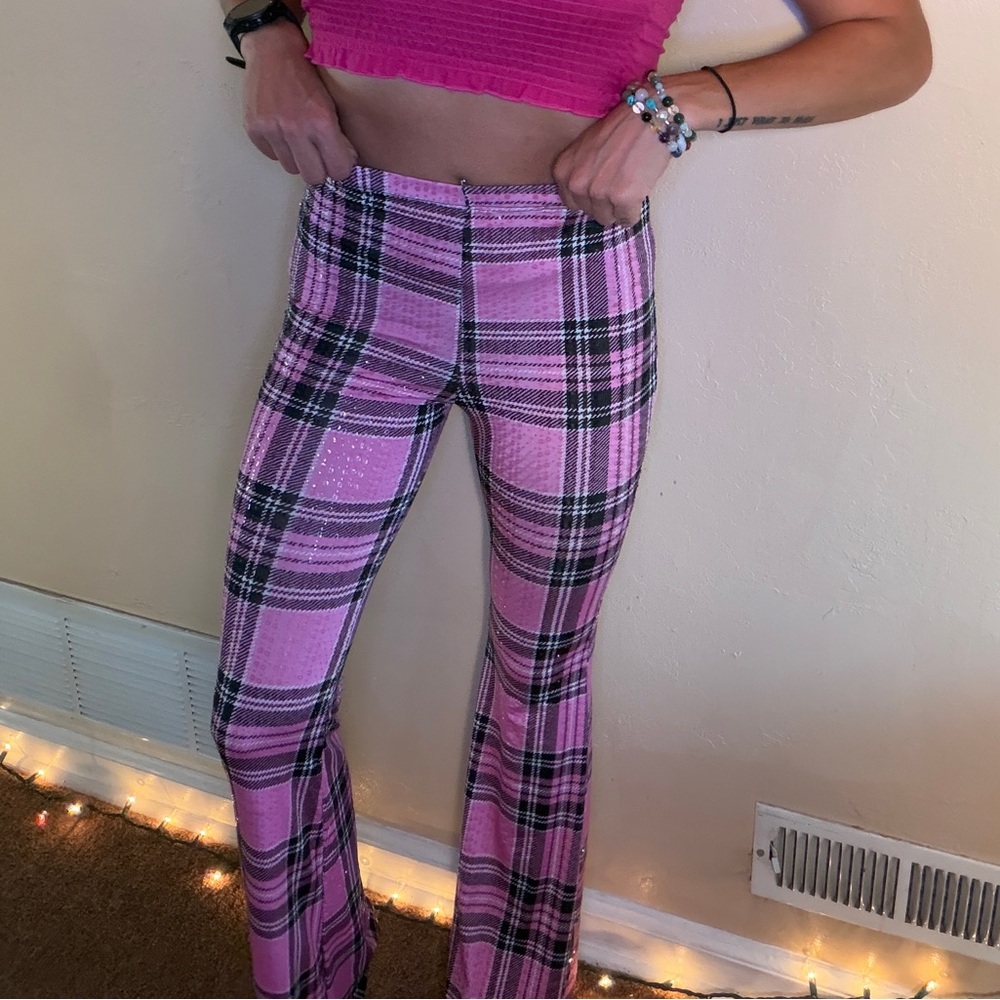 Pink Sequin Plaid High-Waist Flared Pants Festival Outfit - Picture 3 of 6